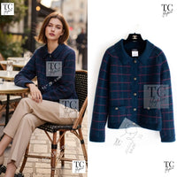 CHANEL 13PF Navy Check Wool Cashmere Mohair Knit Cardigan 36 シャネル ネイビー チェック柄 ウール カシミア モヘア ニット カーディガン 即発