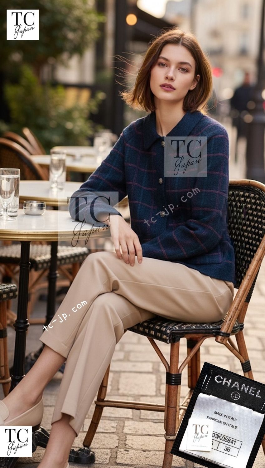 CHANEL 13PF navy cashmere wool knit mohair plaid women's cardigan 1
