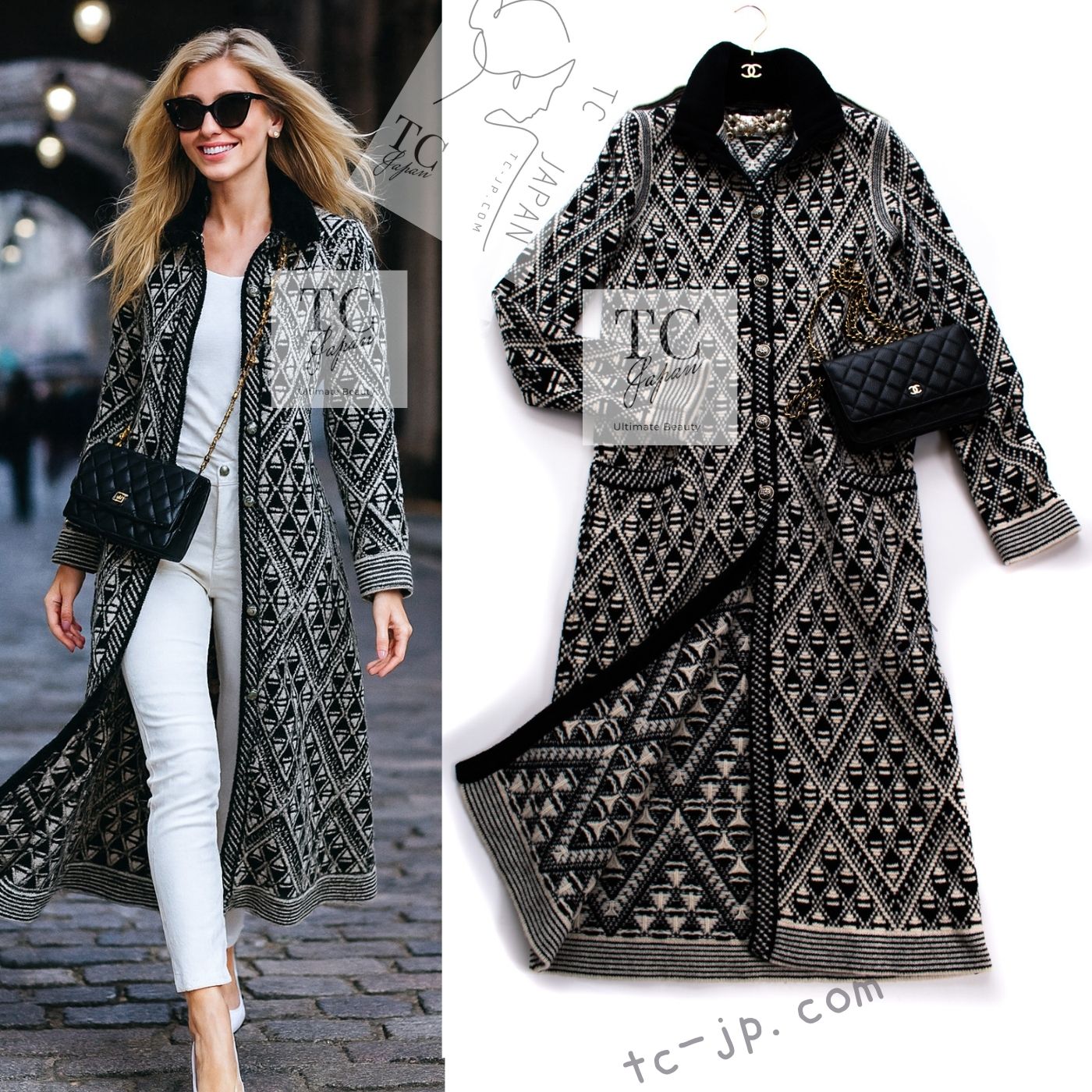 CHANEL 04PF Ivory Black Wool Cashmere Knit Long Cardigan Coat 38 シャネル アイボリー ブラック ウール カシミヤ ニット ロング カーディガン コート 即発