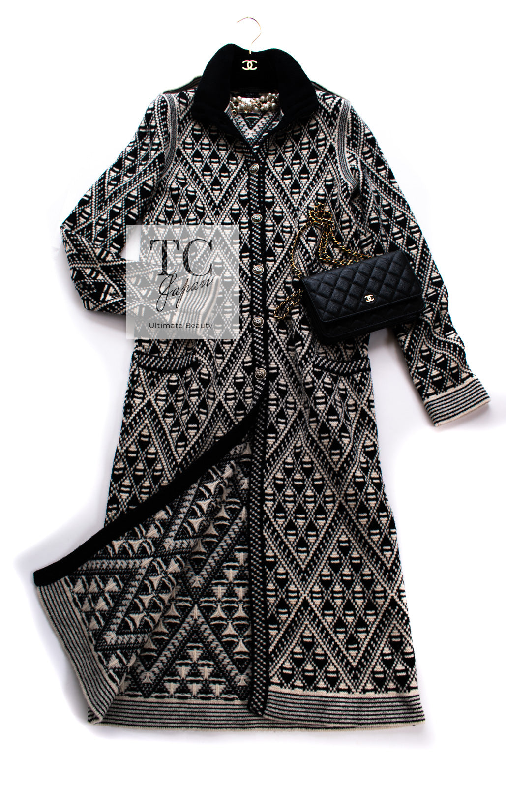 シャネル コート CHANEL アイボリー ブラック ウール カシミヤ ニット