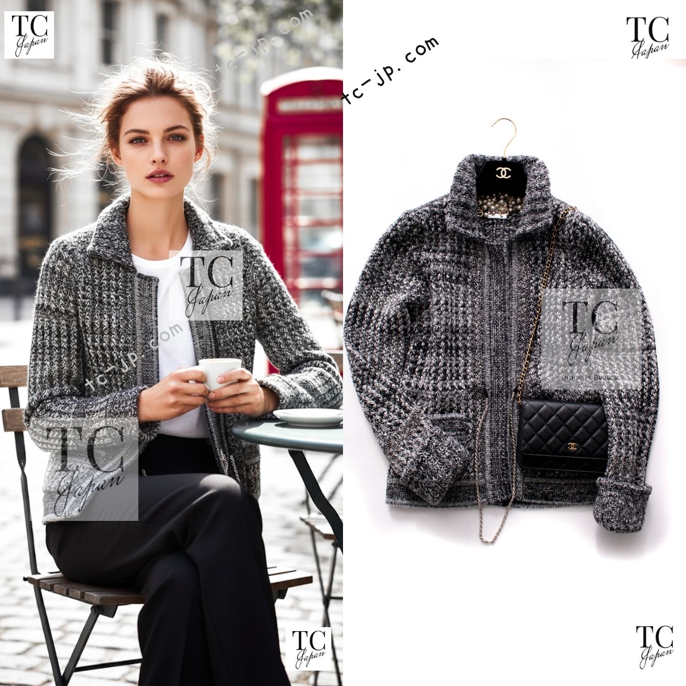 CHANEL 11A Gray Cashmere Silk Wool Chain Knit Cardigan 38 40 シャネル グレー カシミヤ シルク ウール チェーン アクセサリー ニット カーディガン 即発