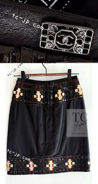 CHANEL 11PF Black Brown Gold Lambskin Leather Skirt 34 シャネル ブラック ブラウン ゴールド ラムスキン レザー スカート 即発