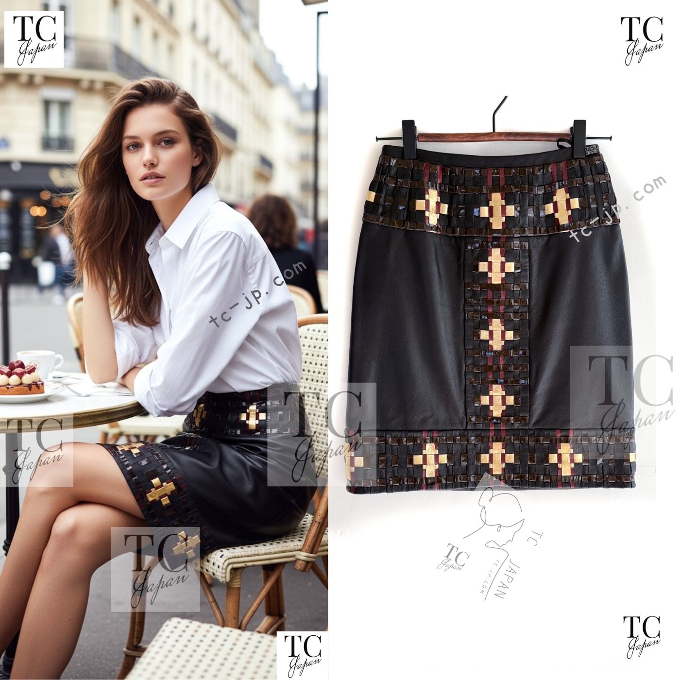 CHANEL 11PF Black Brown Gold Lambskin Leather Skirt 34 シャネル ブラック ブラウン ゴールド ラムスキン レザー スカート 即発
