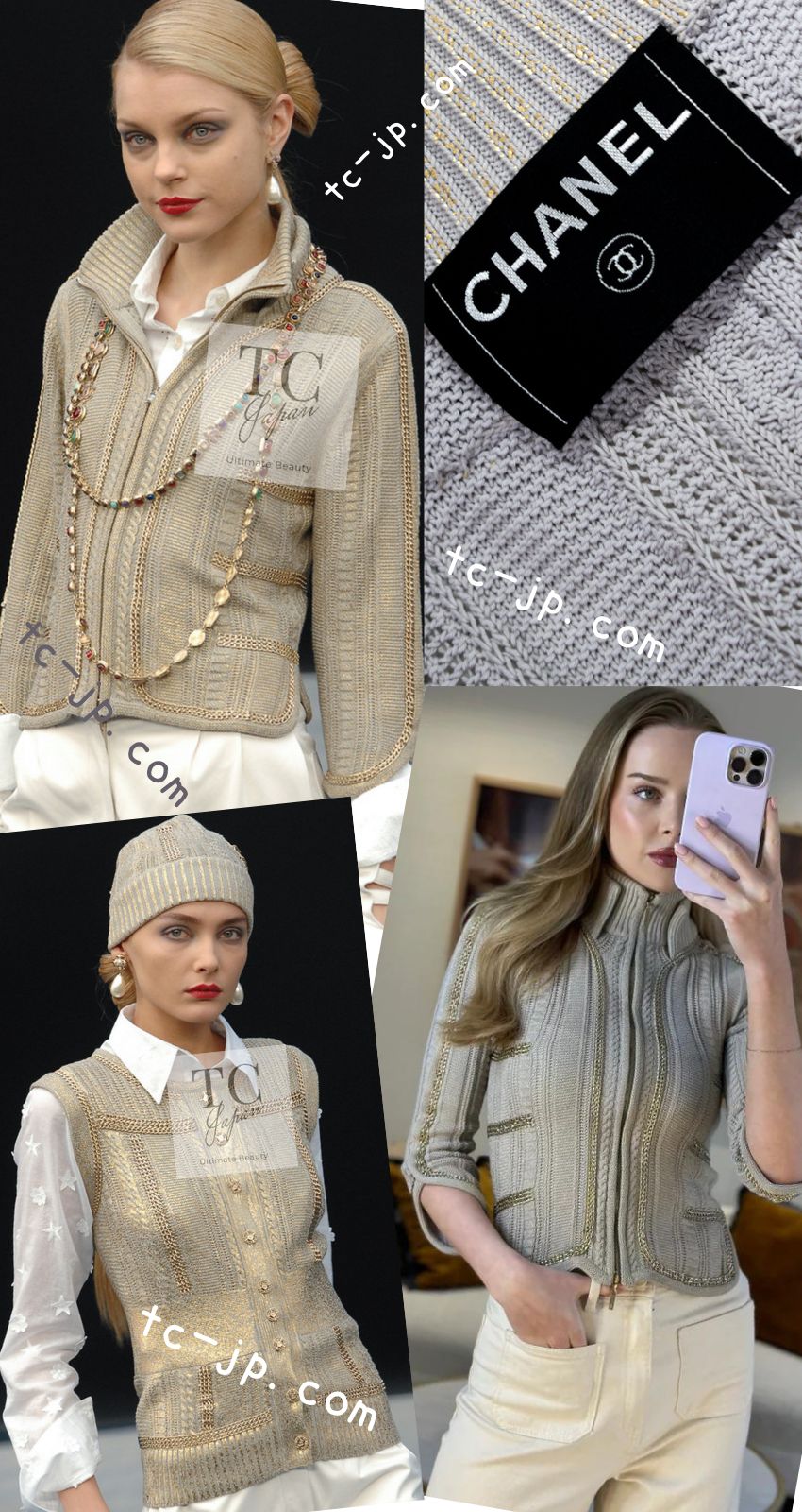 シャネル カーディガン CHANEL グレー ベージュ ゴールド ジッパー チェーントリミング ニット 08S Gray Beige Gold  Zipper Chain Trim Knit Cardigan – TC JAPAN