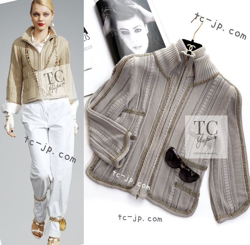 CHANEL 08S Gray Beige Gold Zipper Chain Trim Knit Cardigan 36 シャネル グレー ベージュ  ゴールド ジッパー チェーントリミング ニット カーディガン 即発