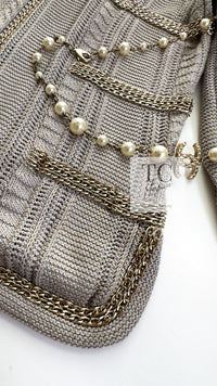 CHANEL 08S Gray Beige Gold Zipper Chain Trim Knit Cardigan 36 シャネル グレー ベージュ ゴールド ジッパー チェーントリミング ニット カーディガン 即発