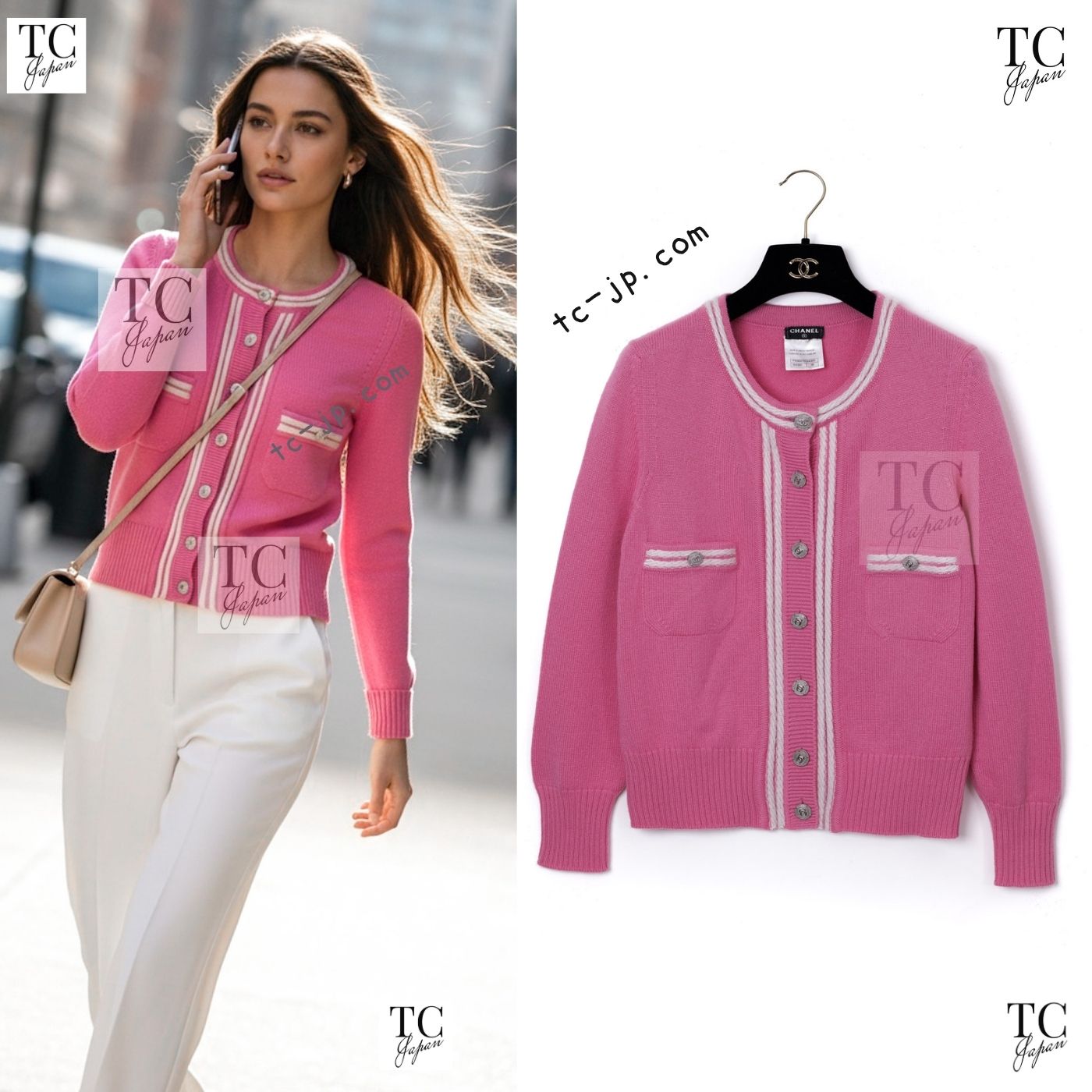 CHANEL 12C Pink White Cashmere Knit Cardigan 38 シャネル ピンク ホワイト カシミア ニット カーディガン