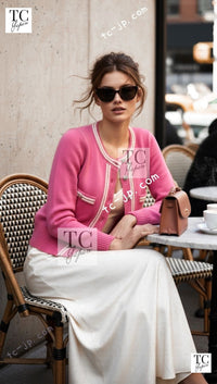 CHANEL 12C Pink White Cashmere Knit Cardigan 38 シャネル ピンク ホワイト カシミア ニット カーディガン