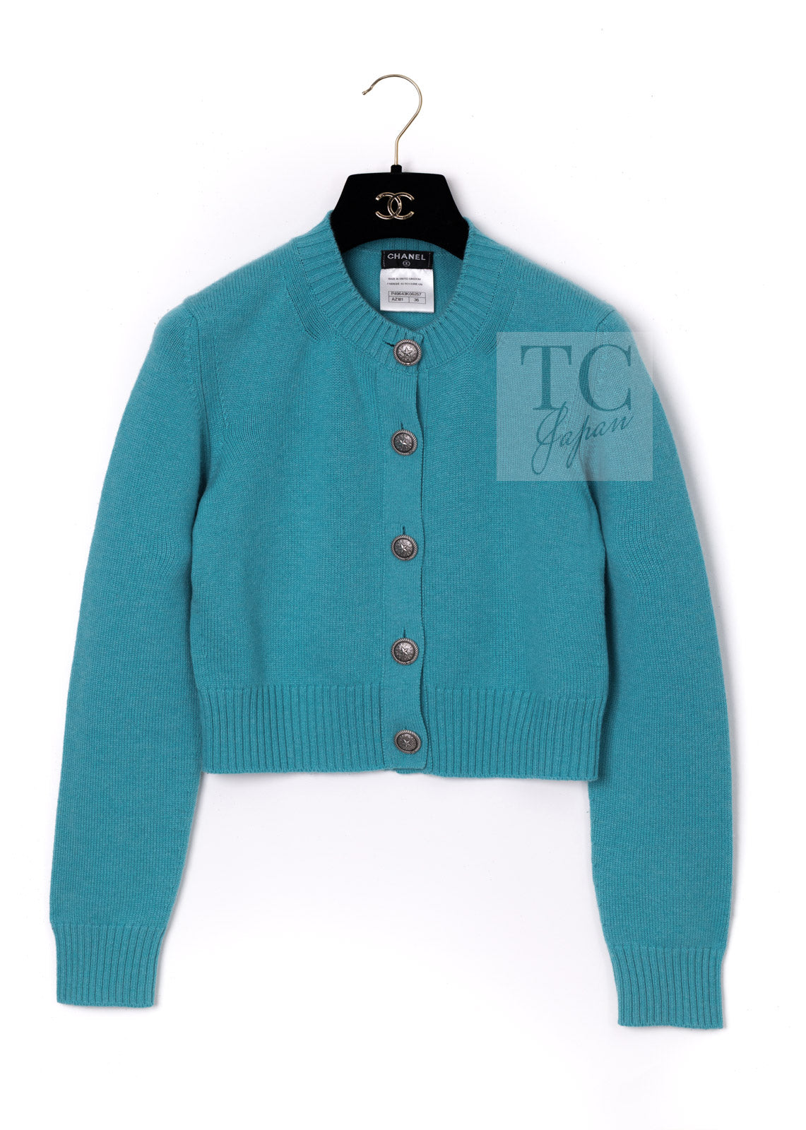 CHANEL Blue Green Star CC Logo Buttons Cashmere Knit Cardigan 36 シャネル ブルー グリーン スター CC ロゴ ボタン カシミア カーディガン