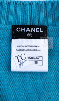 CHANEL Blue Green Star CC Logo Buttons Cashmere Knit Cardigan 36 シャネル ブルー グリーン スター CC ロゴ ボタン カシミア カーディガン