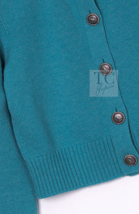 CHANEL Blue Green Star CC Logo Buttons Cashmere Knit Cardigan 36 シャネル ブルー グリーン スター CC ロゴ ボタン カシミア カーディガン