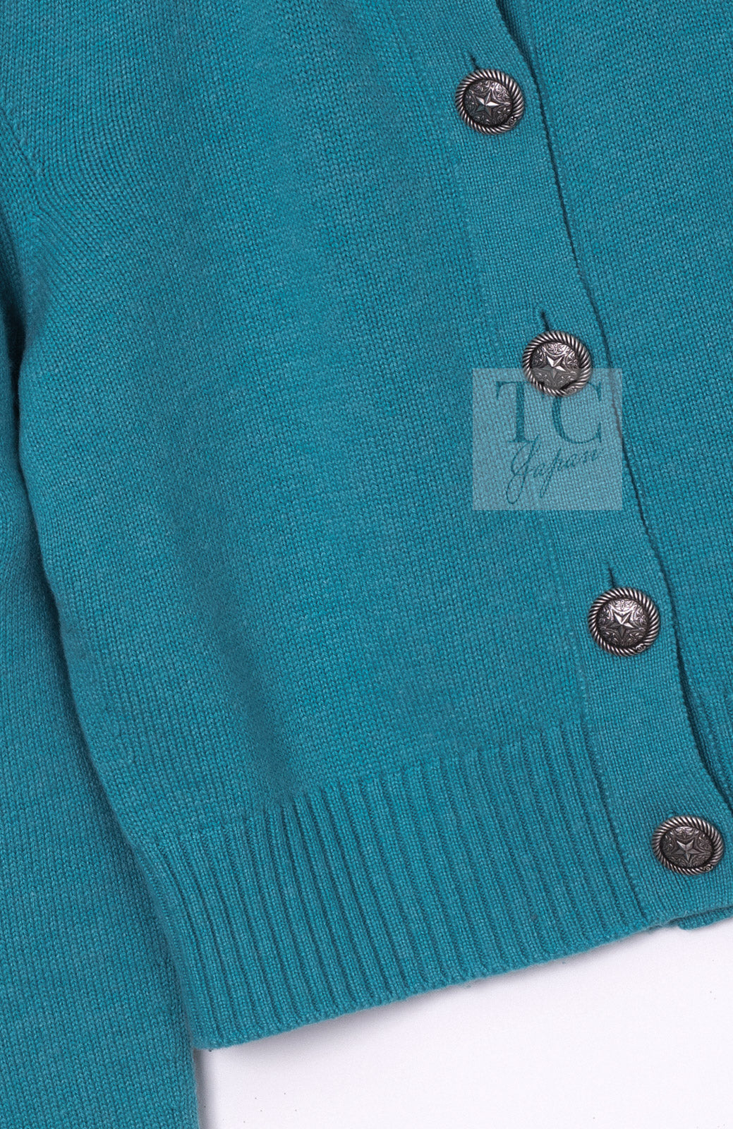 CHANEL Blue Green Star CC Logo Buttons Cashmere Knit Cardigan 36 シャネル ブルー グリーン スター CC ロゴ ボタン カシミア カーディガン