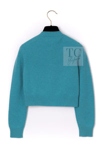 CHANEL Blue Green Star CC Logo Buttons Cashmere Knit Cardigan 36 シャネル ブルー グリーン スター CC ロゴ ボタン カシミア カーディガン