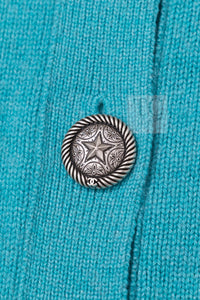 CHANEL Blue Green Star CC Logo Buttons Cashmere Knit Cardigan 36 シャネル ブルー グリーン スター CC ロゴ ボタン カシミア カーディガン
