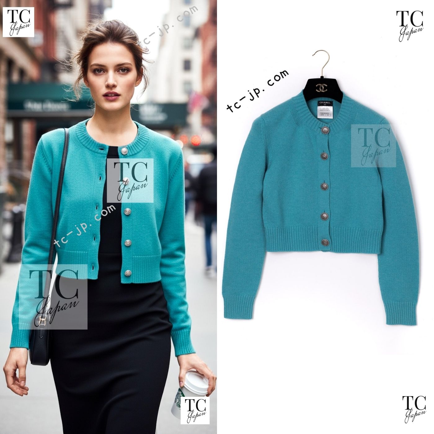 CHANEL Blue Green Star CC Logo Buttons Cashmere Knit Cardigan 36 シャネル ブルー グリーン スター CC ロゴ ボタン カシミア カーディガン