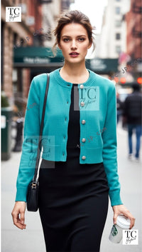 CHANEL Blue Green Star CC Logo Buttons Cashmere Knit Cardigan 36 シャネル ブルー グリーン スター CC ロゴ ボタン カシミア カーディガン