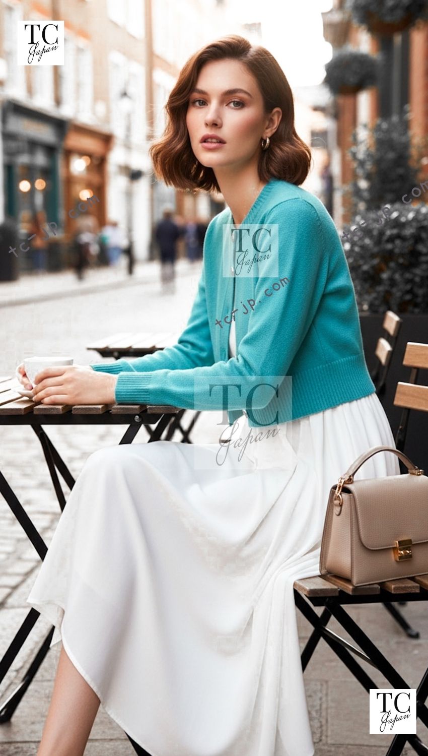 CHANEL Blue Green Star CC Logo Buttons Cashmere Knit Cardigan 36 シャネル ブルー グリーン スター CC ロゴ ボタン カシミア カーディガン