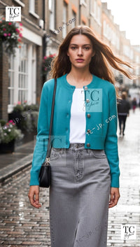CHANEL Blue Green Star CC Logo Buttons Cashmere Knit Cardigan 36 シャネル ブルー グリーン スター CC ロゴ ボタン カシミア カーディガン