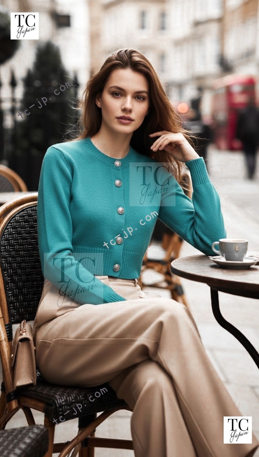 CHANEL Blue Green Star CC Logo Buttons Cashmere Knit Cardigan 36 シャネル ブルー グリーン スター CC ロゴ ボタン カシミア カーディガン