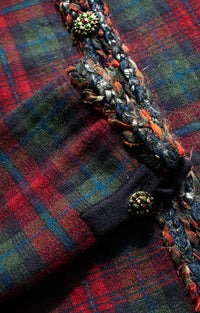 CHANEL 13PF Red Green Tartan Gripoix Button Cashmere Cardigan 40 シャネル レッド グリーン タータンチェック グリポワ 宝石 ボタン カシミア カーディガン 即発
