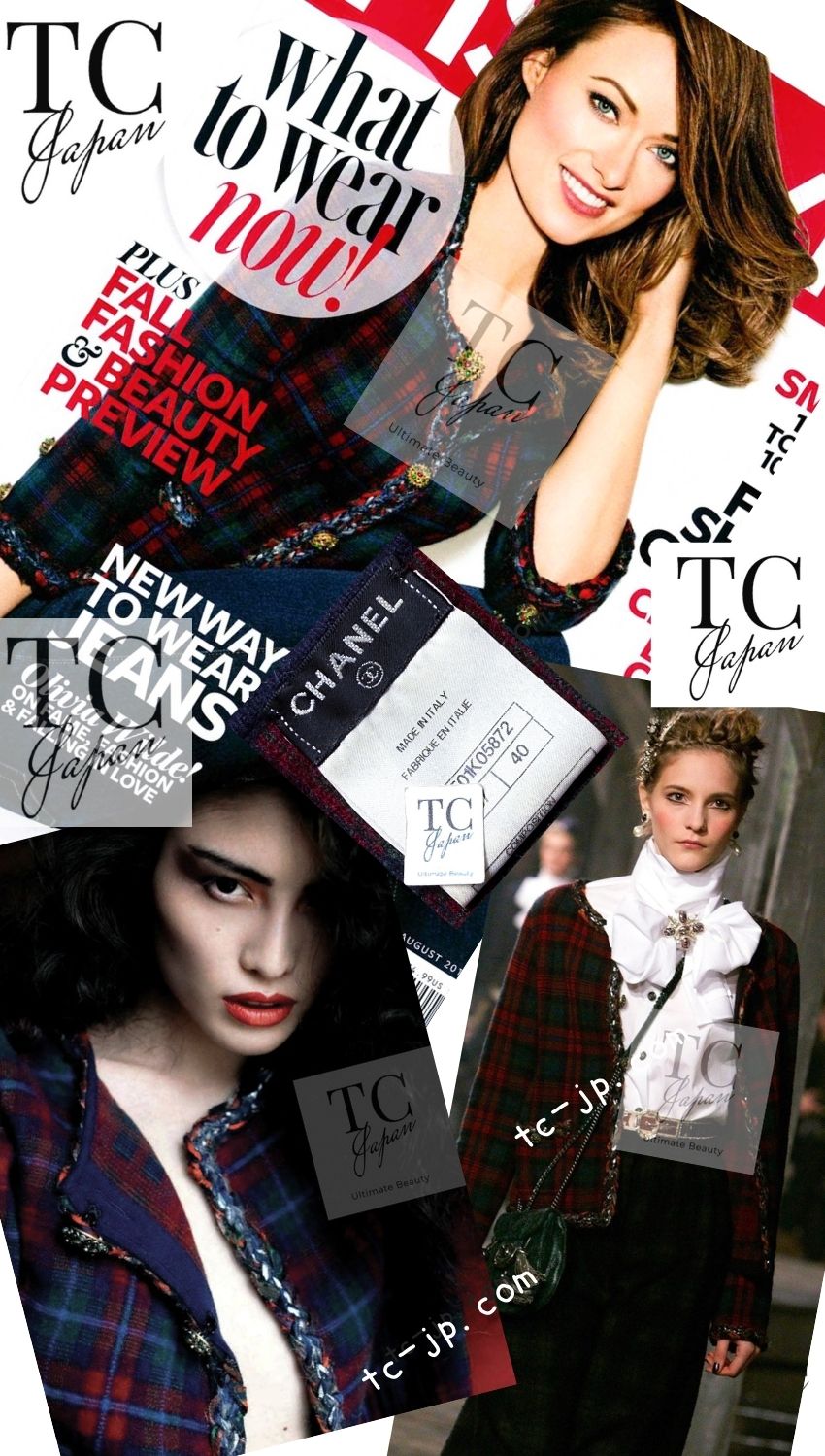 CHANEL 13PF Red Green Tartan Gripoix Button Cashmere Cardigan 40 シャネル レッド グリーン タータンチェック グリポワ 宝石 ボタン カシミア カーディガン 即発