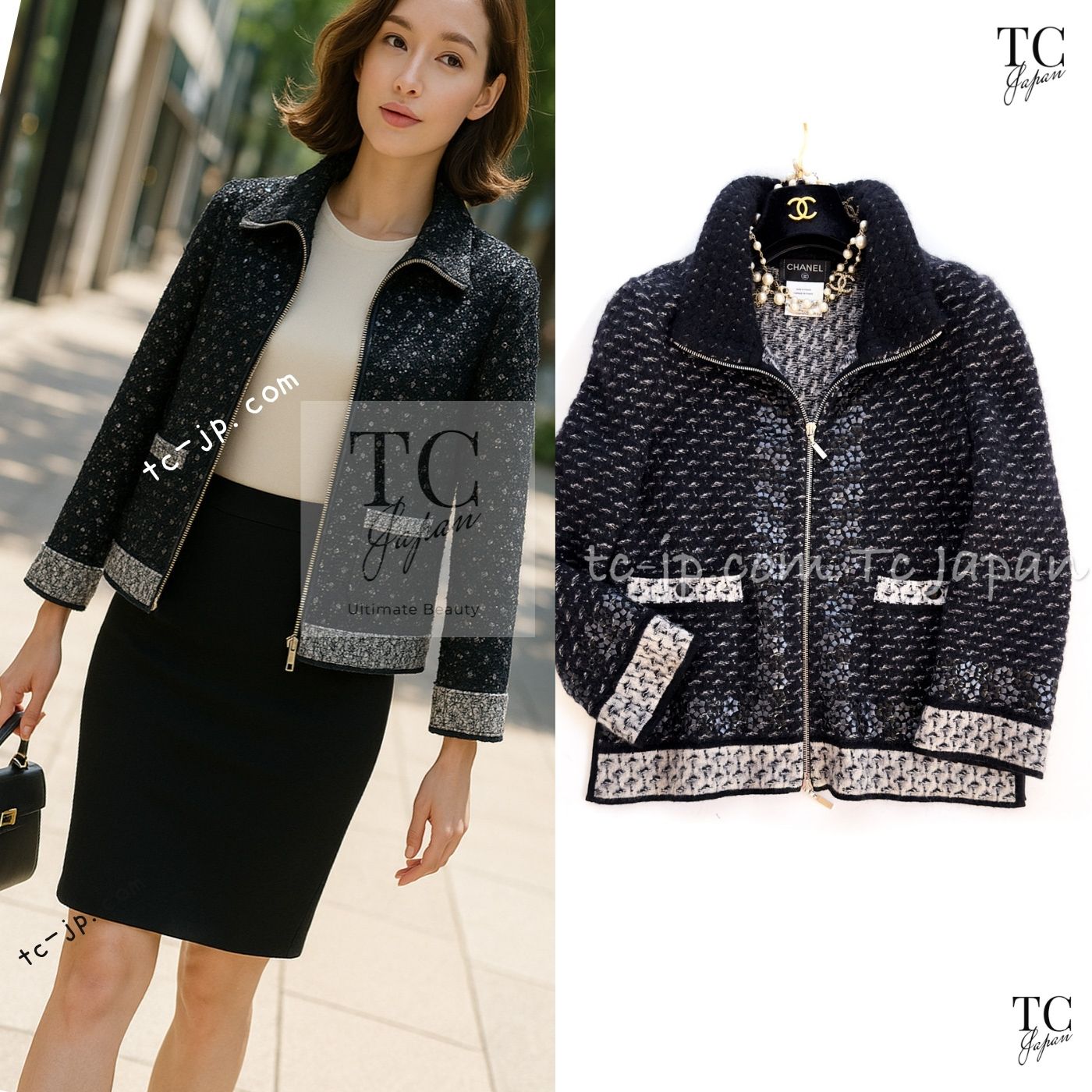 CHANEL 10A Dark Navy Mohair Silk Cashmere Zipper Cardigan 34 シャネル ダークネイビー モヘア シルク カシミア ジッパー カーディガン 即発