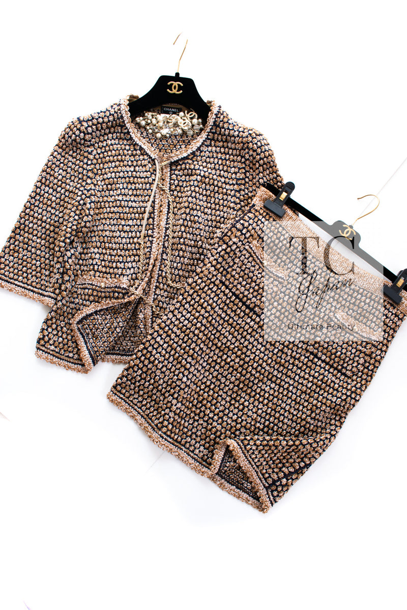 CHANEL 11S Champagne Gold Beige Knit Skirt Cardigan 34 36 38 シャネル シャンパンゴールド ベージュ 女優の ニット スカート カーディガン 即発