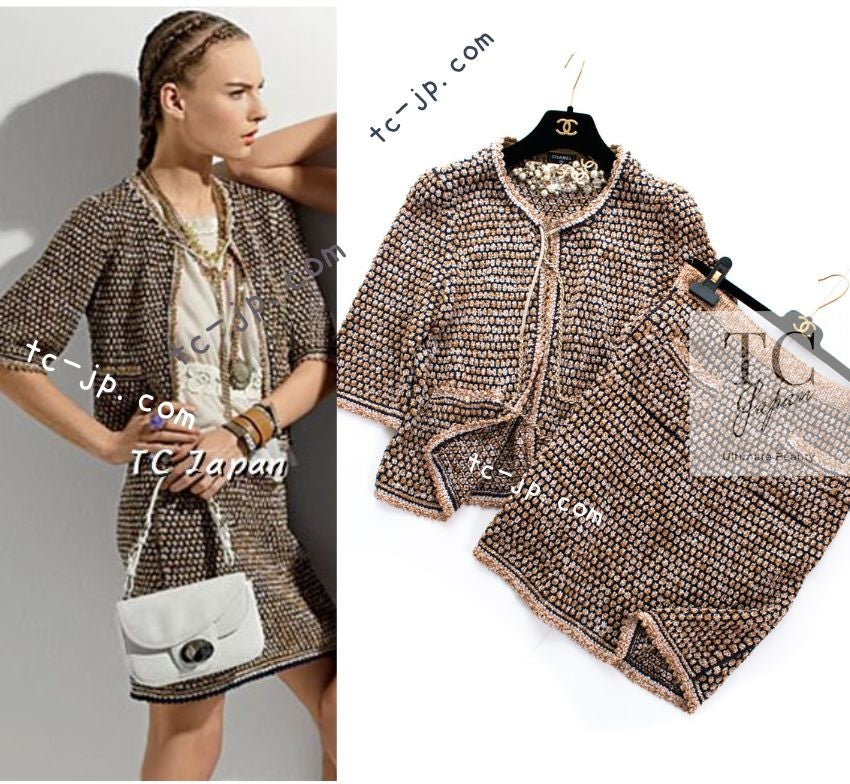 CHANEL 11S Champagne Gold Beige Knit Skirt Cardigan 34 36 38 シャネル シャンパンゴールド ベージュ 女優の ニット スカート カーディガン 即発