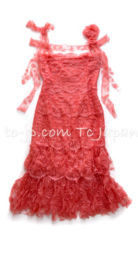 CHANEL 06C Coral Orange Lace Dress with Ruffle with Camellia 38 シャネル コーラル オレンジ カメリア付 レース ワンピース 即発