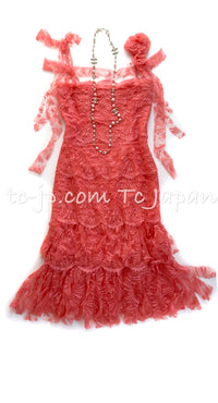 CHANEL 06C Coral Orange Lace Dress with Ruffle with Camellia 38 シャネル コーラル オレンジ カメリア付 レース ワンピース 即発