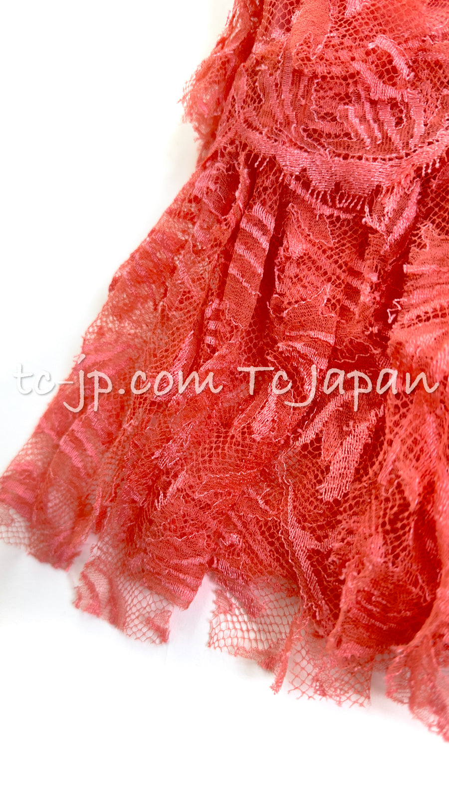 CHANEL 06C Coral Orange Lace Dress with Ruffle with Camellia 38 シャネル コーラル オレンジ カメリア付 レース ワンピース 即発