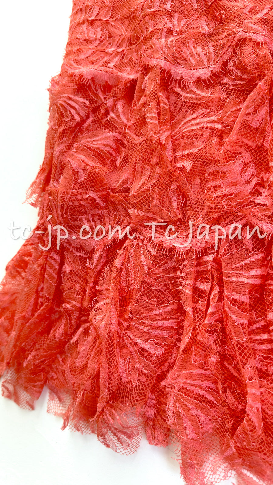 CHANEL 06C Coral Orange Lace Dress with Ruffle with Camellia 38 シャネル コーラル オレンジ カメリア付 レース ワンピース 即発