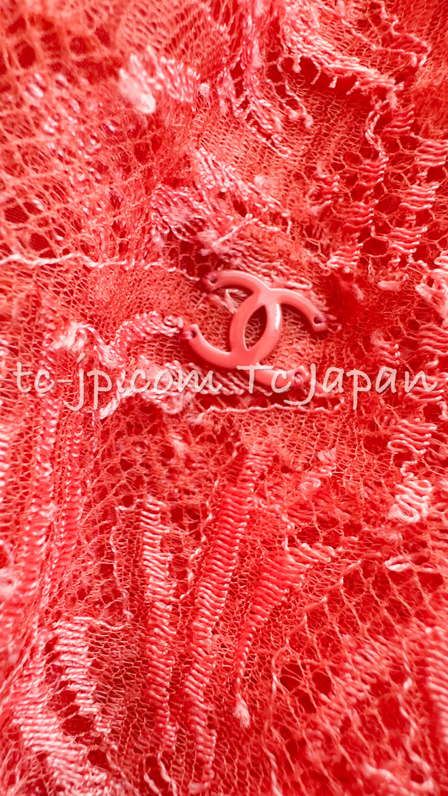 CHANEL 06C Coral Orange Lace Dress with Ruffle with Camellia 38 シャネル コーラル オレンジ カメリア付 レース ワンピース 即発