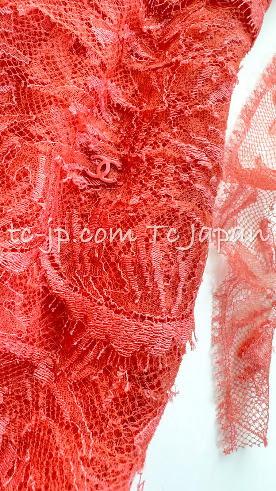 CHANEL 06C Coral Orange Lace Dress with Ruffle with Camellia 38 シャネル コーラル オレンジ カメリア付 レース ワンピース 即発