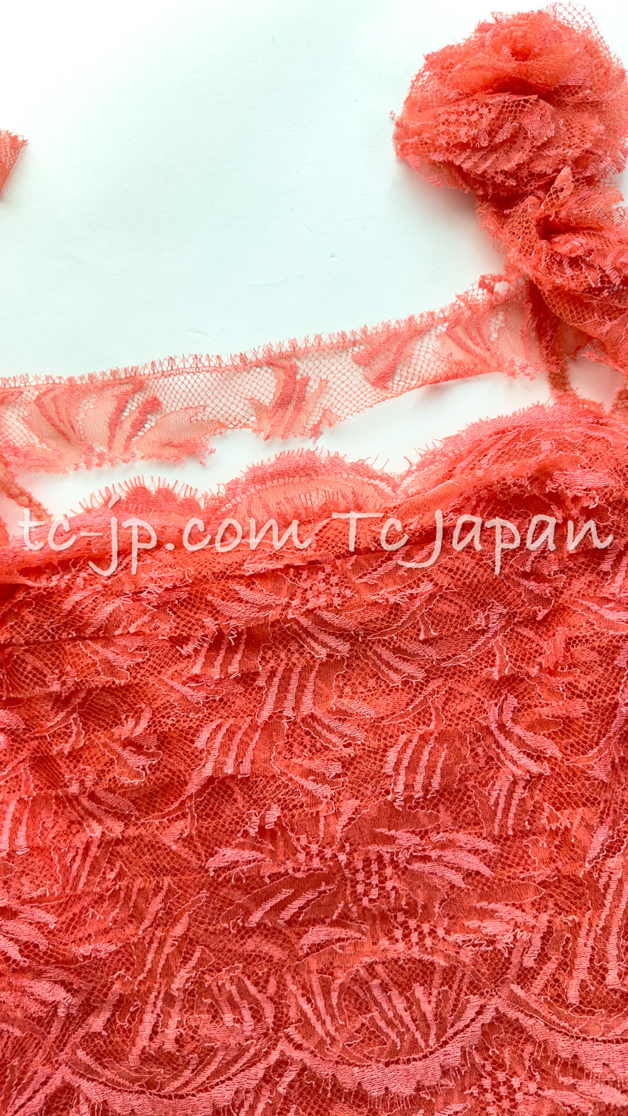CHANEL 06C Coral Orange Lace Dress with Ruffle with Camellia 38 シャネル コーラル オレンジ カメリア付 レース ワンピース 即発