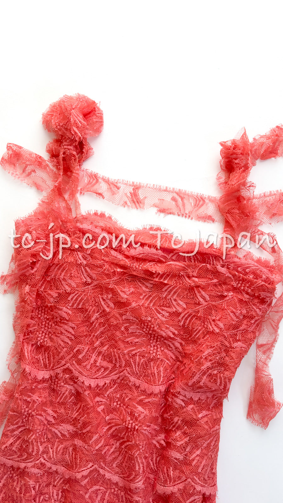CHANEL 06C Coral Orange Lace Dress with Ruffle with Camellia 38 シャネル コーラル オレンジ カメリア付 レース ワンピース 即発