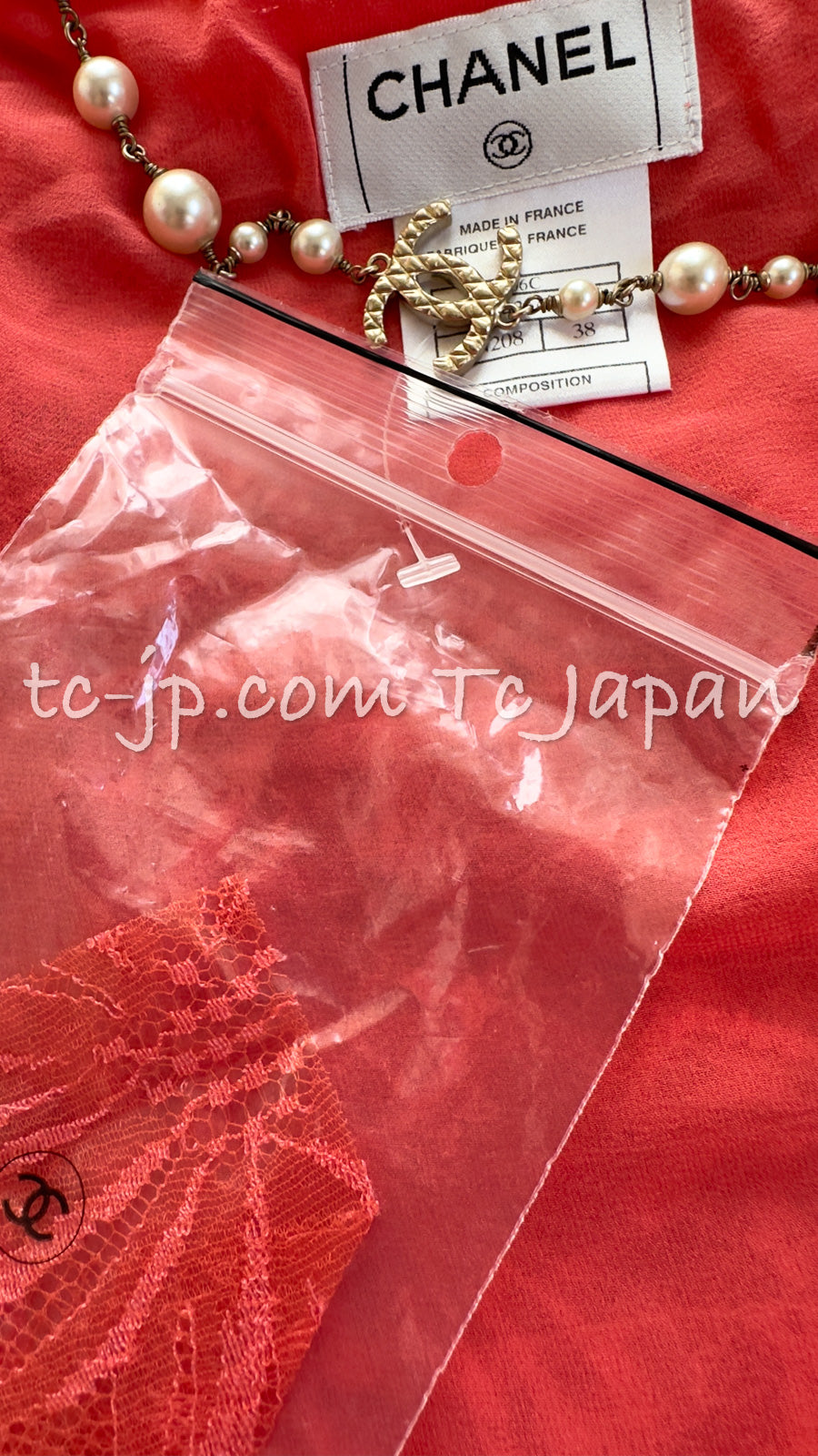 CHANEL 06C Coral Orange Lace Dress with Ruffle with Camellia 38 シャネル コーラル オレンジ カメリア付 レース ワンピース 即発