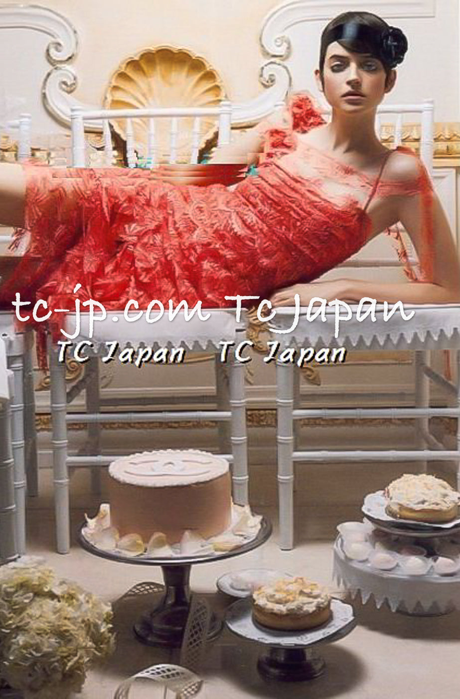 CHANEL 06C Coral Orange Lace Dress with Ruffle with Camellia 38 シャネル コーラル オレンジ カメリア付 レース ワンピース 即発