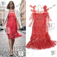 CHANEL 06C Coral Orange Lace Dress with Ruffle with Camellia 38 シャネル コーラル オレンジ カメリア付 レース ワンピース 即発