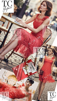 CHANEL 06C Coral Orange Lace Dress with Ruffle with Camellia 38 シャネル コーラル オレンジ カメリア付 レース ワンピース 即発