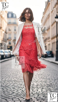 CHANEL 06C Coral Orange Lace Dress with Ruffle with Camellia 38 シャネル コーラル オレンジ カメリア付 レース ワンピース 即発 - TC JAPAN
