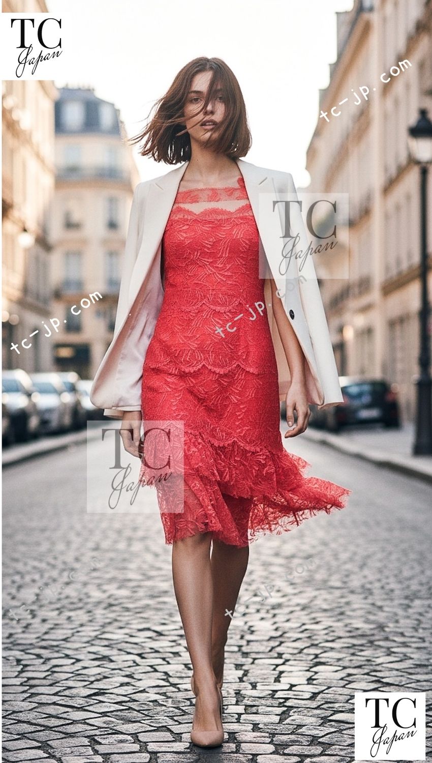 CHANEL 06C Coral Orange Lace Dress with Ruffle with Camellia 38 シャネル コーラル オレンジ カメリア付 レース ワンピース 即発 - TC JAPAN