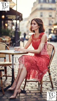 CHANEL 06C Coral Orange Lace Dress with Ruffle with Camellia 38 シャネル コーラル オレンジ カメリア付 レース ワンピース 即発 - TC JAPAN