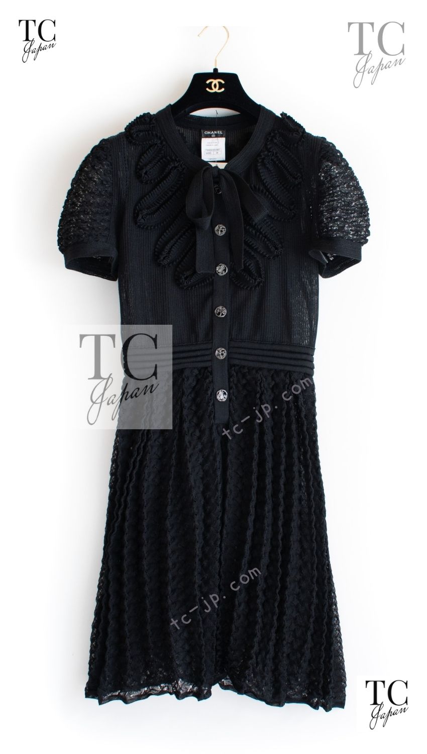 CHANEL 10S Scarlett Johansson Black Bow Cotton Dress 34 36 38 シャネル ブラック リボン ワッフル コットン ニット ワンピース 即発