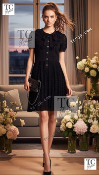 CHANEL 10S Scarlett Johansson Black Bow Cotton Dress 34 36 38 シャネル ブラック リボン ワッフル コットン ニット ワンピース 即発