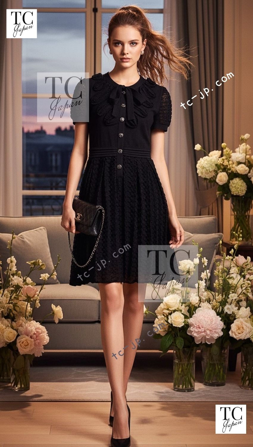CHANEL 10S Scarlett Johansson Black Bow Cotton Dress 34 36 38 シャネル ブラック リボン ワッフル コットン ニット ワンピース 即発