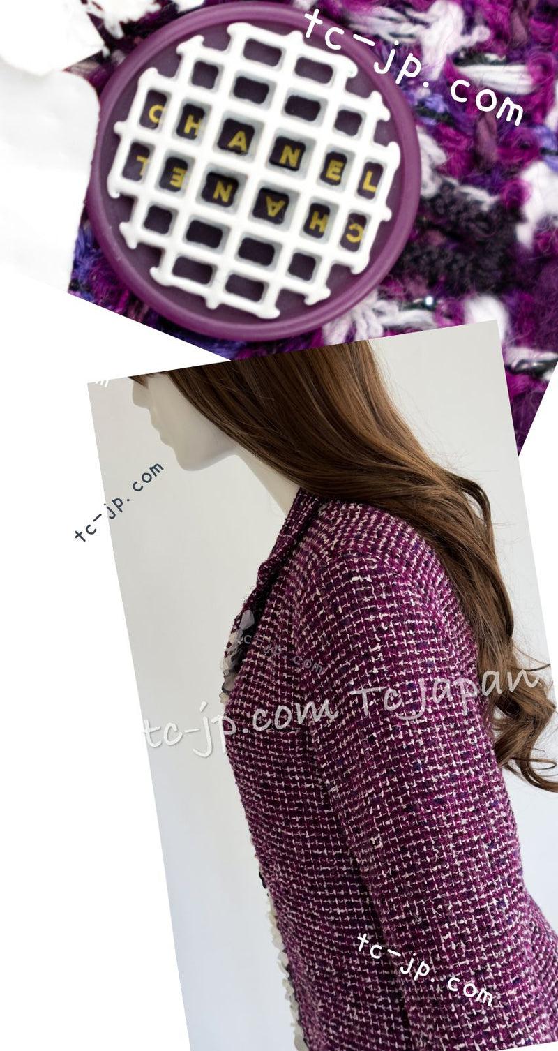 CHANEL 09S Purple Cotton Wool Tweed Sequin Trim Coat 44 46 シャネル パープル コットン ウール ツイード スパンコール トリム コート 即発