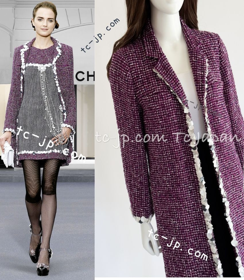 CHANEL 09S Purple Cotton Wool Tweed Sequin Trim Coat 44 46 シャネル パープル コットン ウール ツイード スパンコール トリム コート 即発