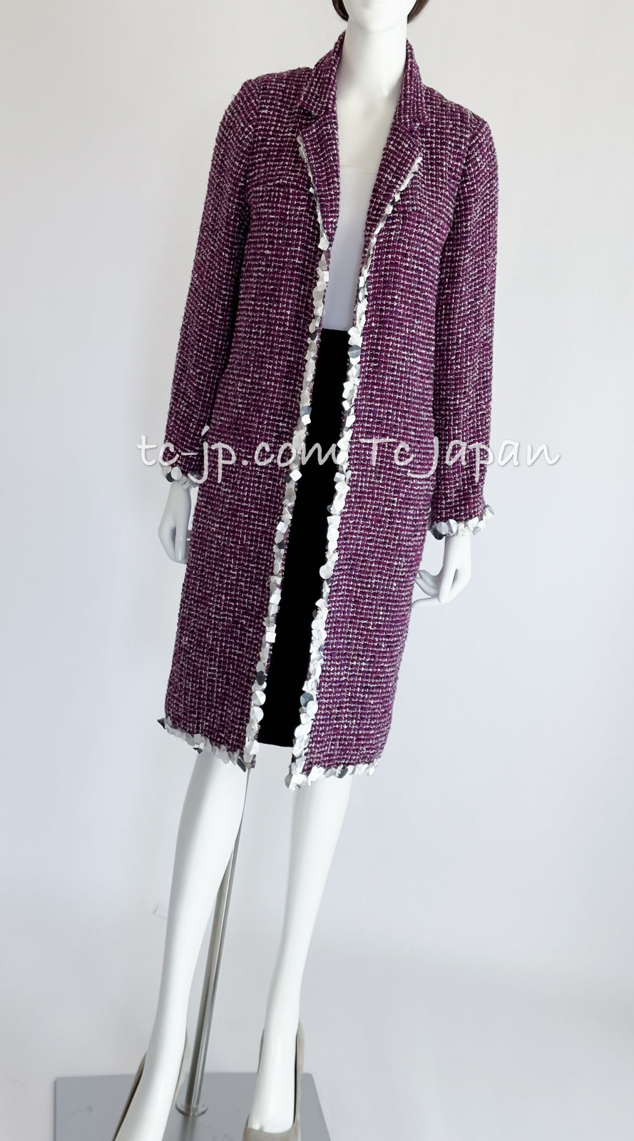 CHANEL 09S Purple Cotton Wool Tweed Sequin Trim Coat 44 46 シャネル パープル コットン ウール ツイード スパンコール トリム コート 即発
