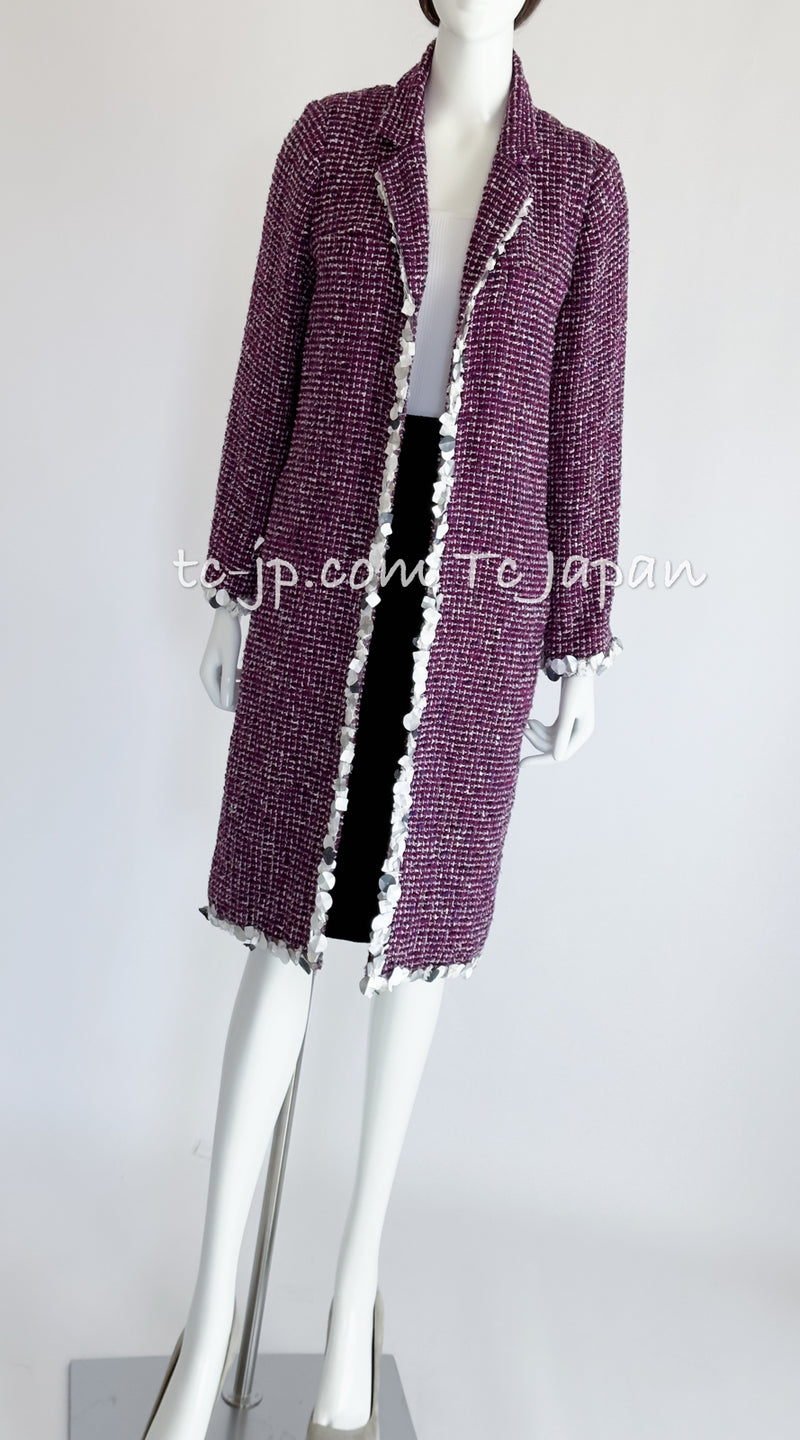 CHANEL 09S Purple Cotton Wool Tweed Sequin Trim Coat 44 46 シャネル パープル コットン ウール ツイード スパンコール トリム コート 即発
